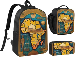 Abstract World Map print Backpack Set Casual Shoulder Bag Lunch Bag Pen Pouch 3 in 1 Set 17inch for Women Men College