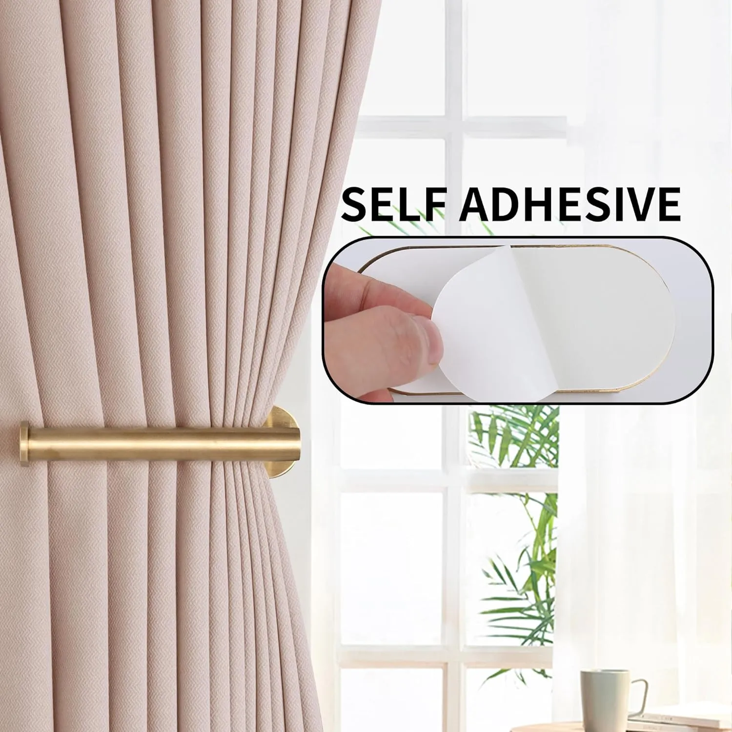 Adhesive Curtain Holdbacks - 4 Pack No Drill Tie Backs Hooks for Drapes, Damage-Free Wall Mounted Curtain Holders with Strong Adhesive (4, Gold)
