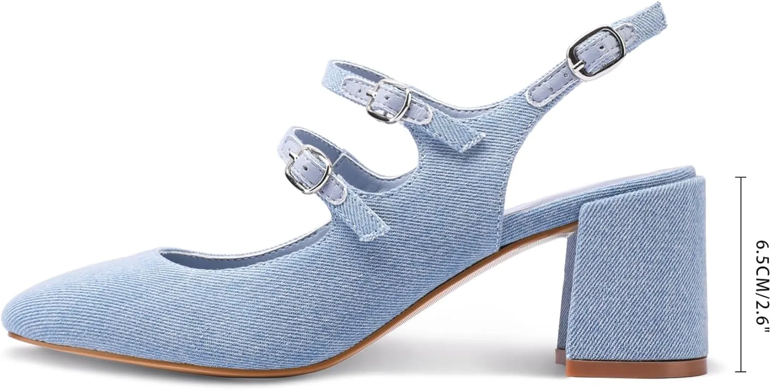Adrizzlein Women Mary Janes Pumps Round Toe Strappy Chunky Heel Pumps with Adjustable Buckle