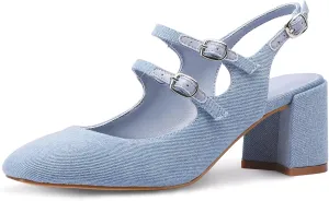Adrizzlein Women Mary Janes Pumps Round Toe Strappy Chunky Heel Pumps with Adjustable Buckle