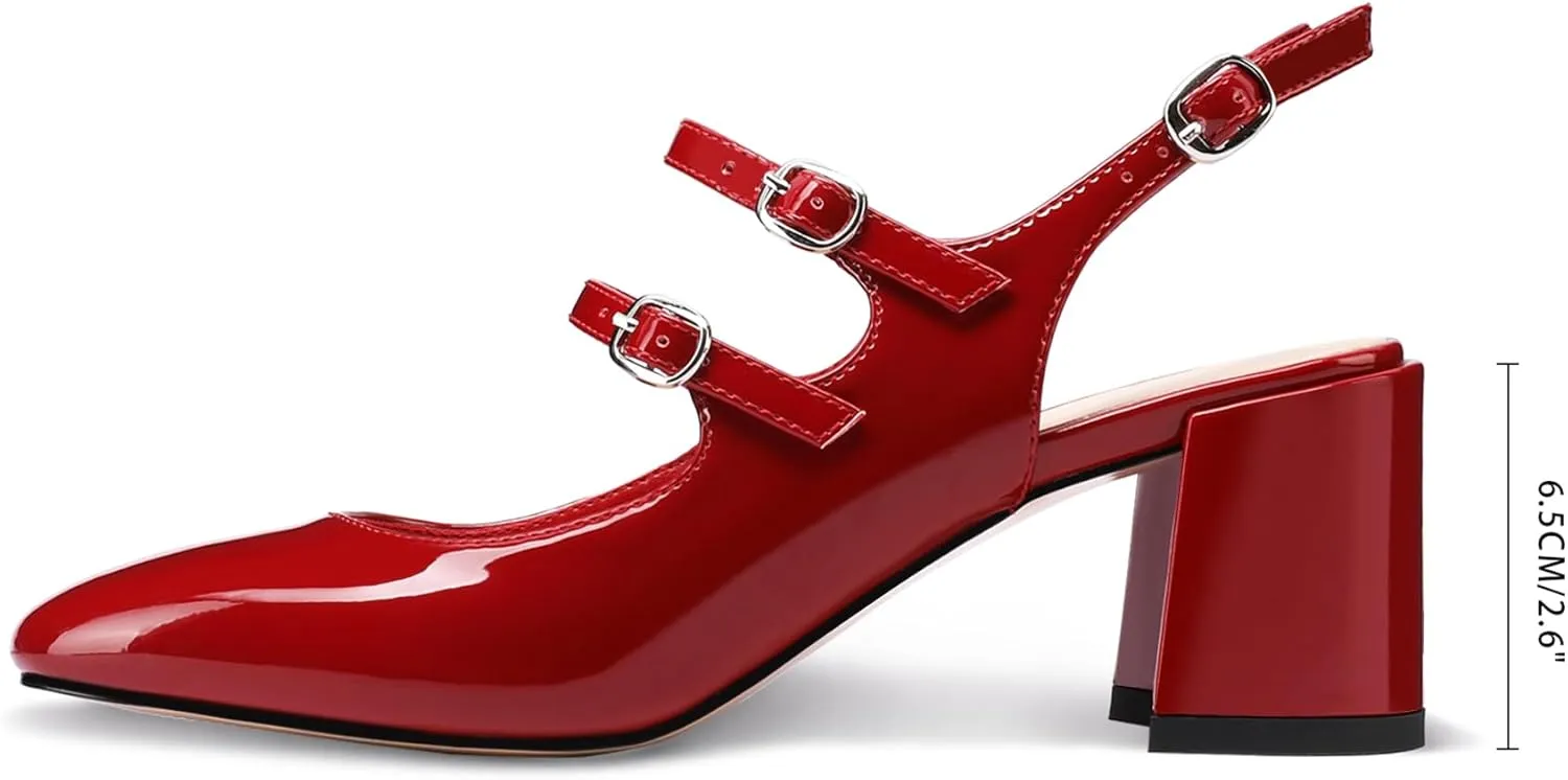 Adrizzlein Women Mary Janes Pumps Round Toe Strappy Chunky Heel Pumps with Adjustable Buckle