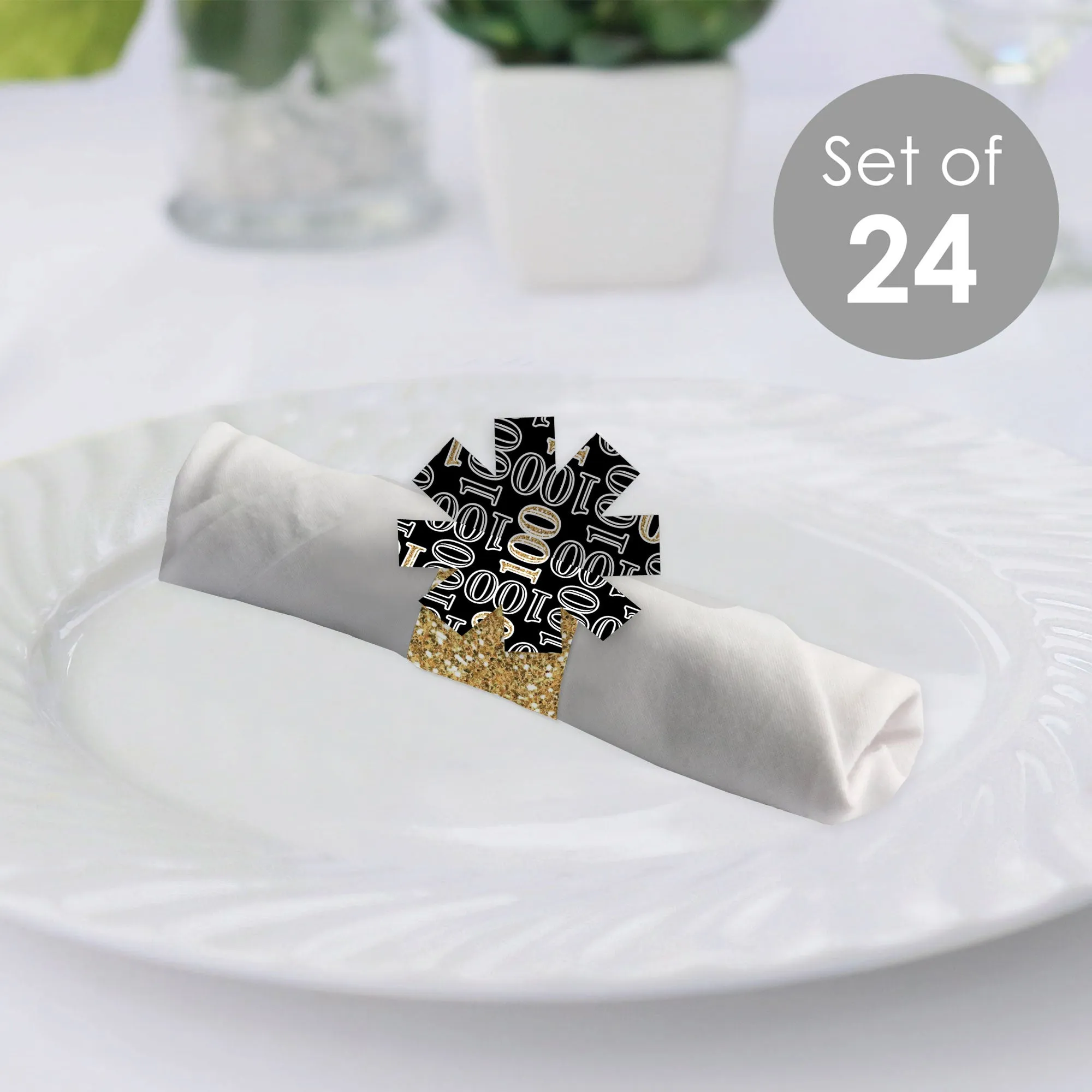 Adult 100th Birthday - Gold - Birthday Party Paper Napkin Holder - Napkin Rings - Set of 24