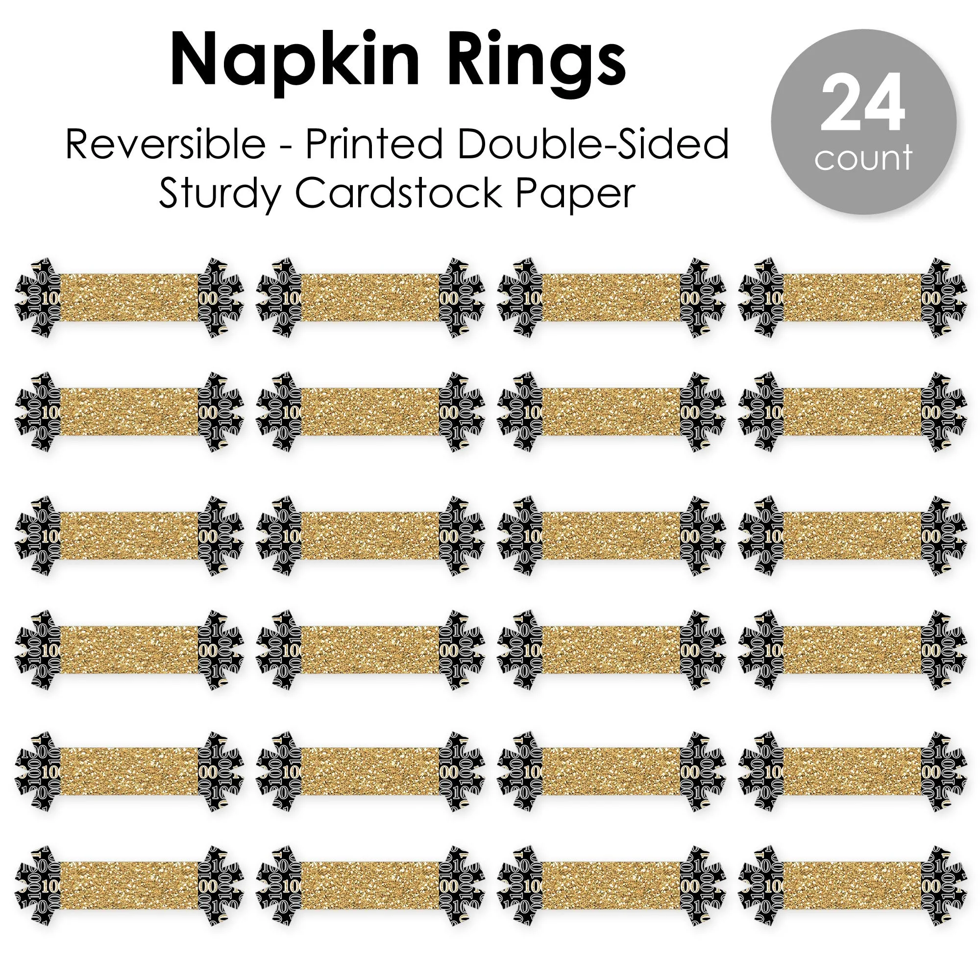 Adult 100th Birthday - Gold - Birthday Party Paper Napkin Holder - Napkin Rings - Set of 24