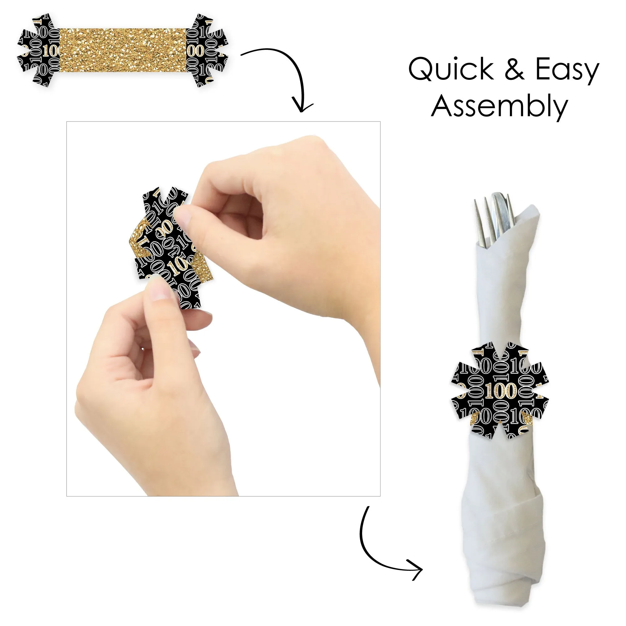 Adult 100th Birthday - Gold - Birthday Party Paper Napkin Holder - Napkin Rings - Set of 24