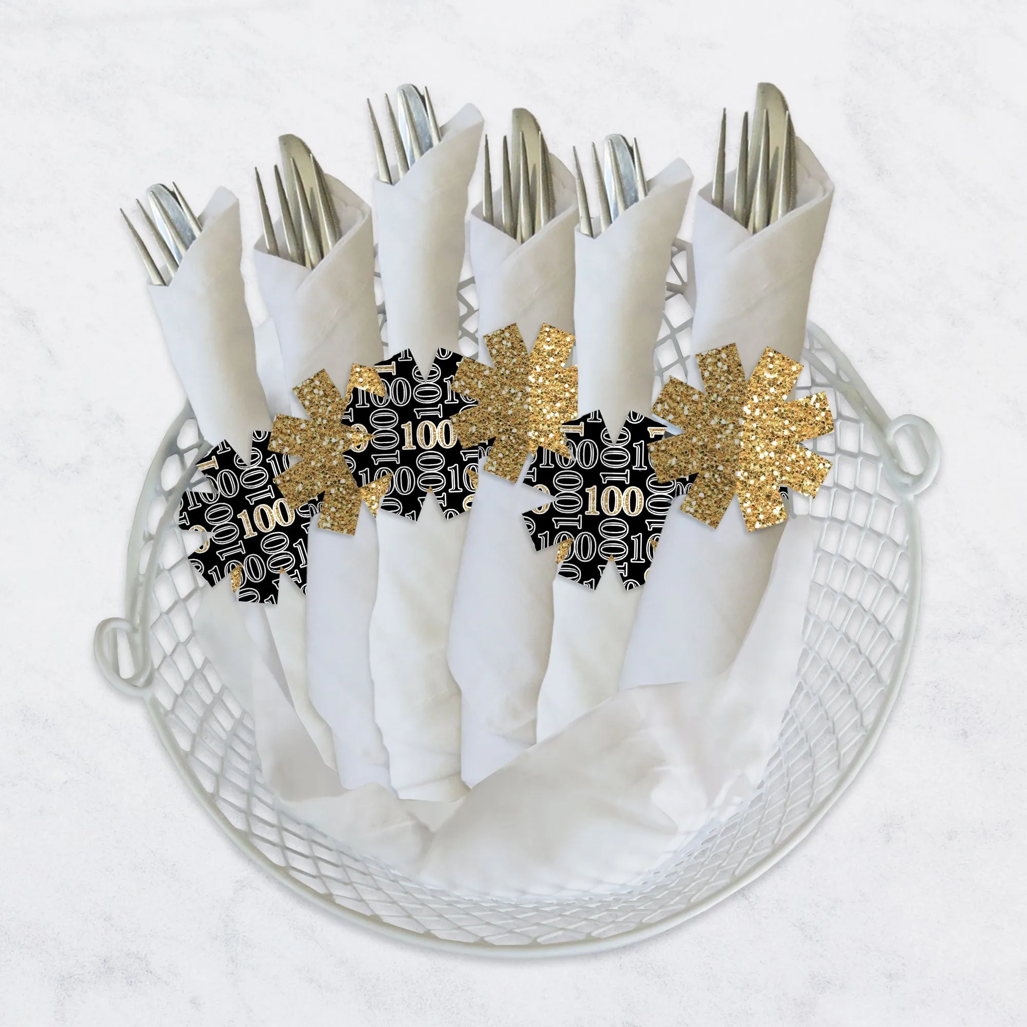 Adult 100th Birthday - Gold - Birthday Party Paper Napkin Holder - Napkin Rings - Set of 24