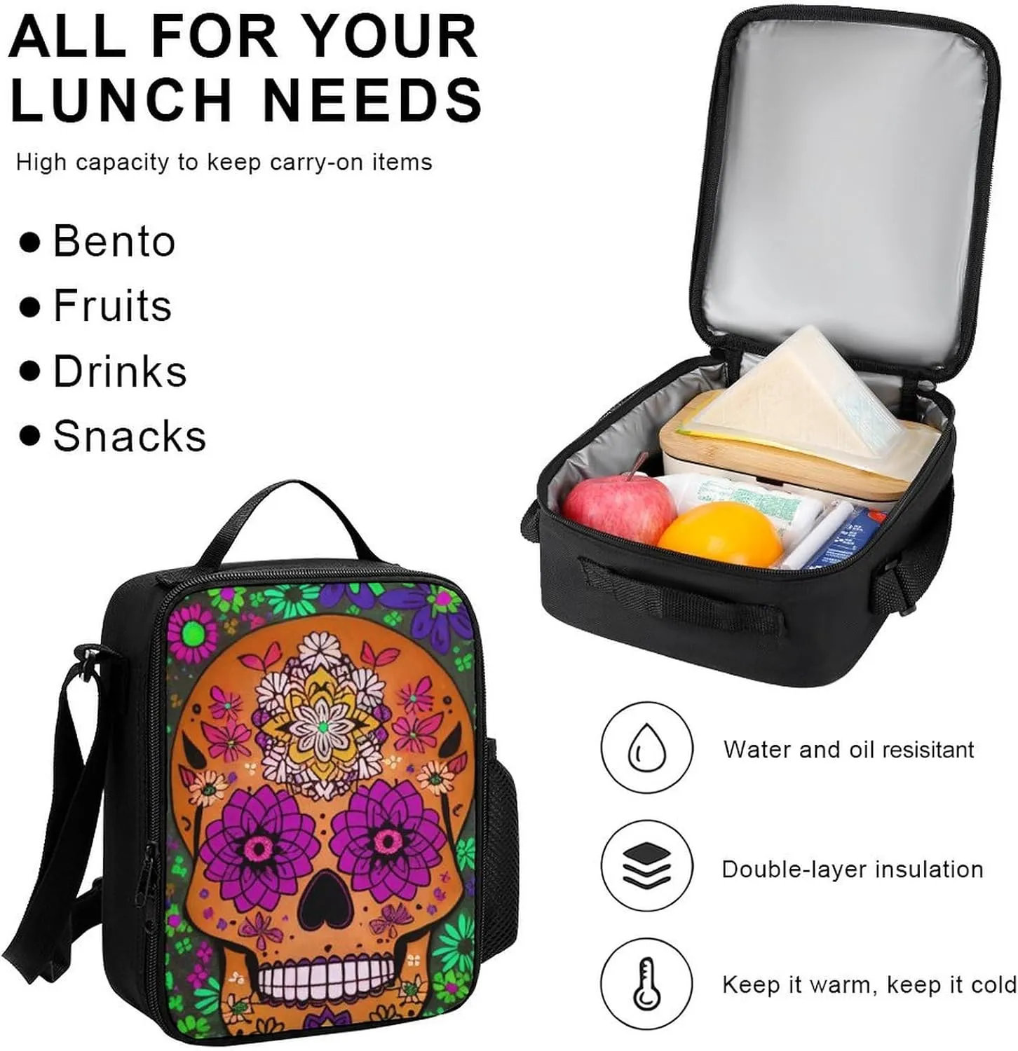 Adults Backpack Sets - Grunge Mexican Sugar Skulls Day Of The Dead Flowers Art Shoulder Book Travel Hiking Daypack, 3 Piece Daypack Sets Shoulder Bag   Lunch Bag   Pencil Bag