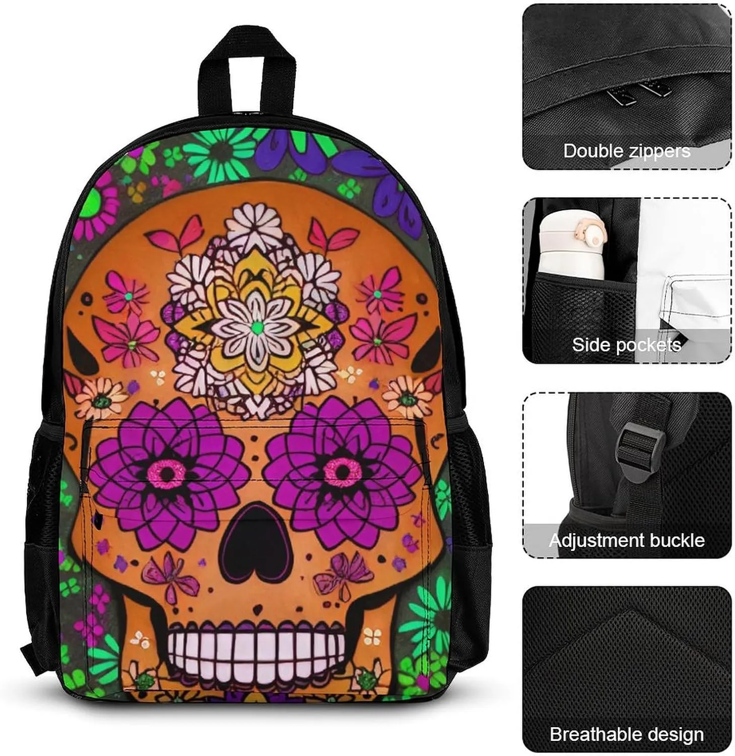 Adults Backpack Sets - Grunge Mexican Sugar Skulls Day Of The Dead Flowers Art Shoulder Book Travel Hiking Daypack, 3 Piece Daypack Sets Shoulder Bag   Lunch Bag   Pencil Bag