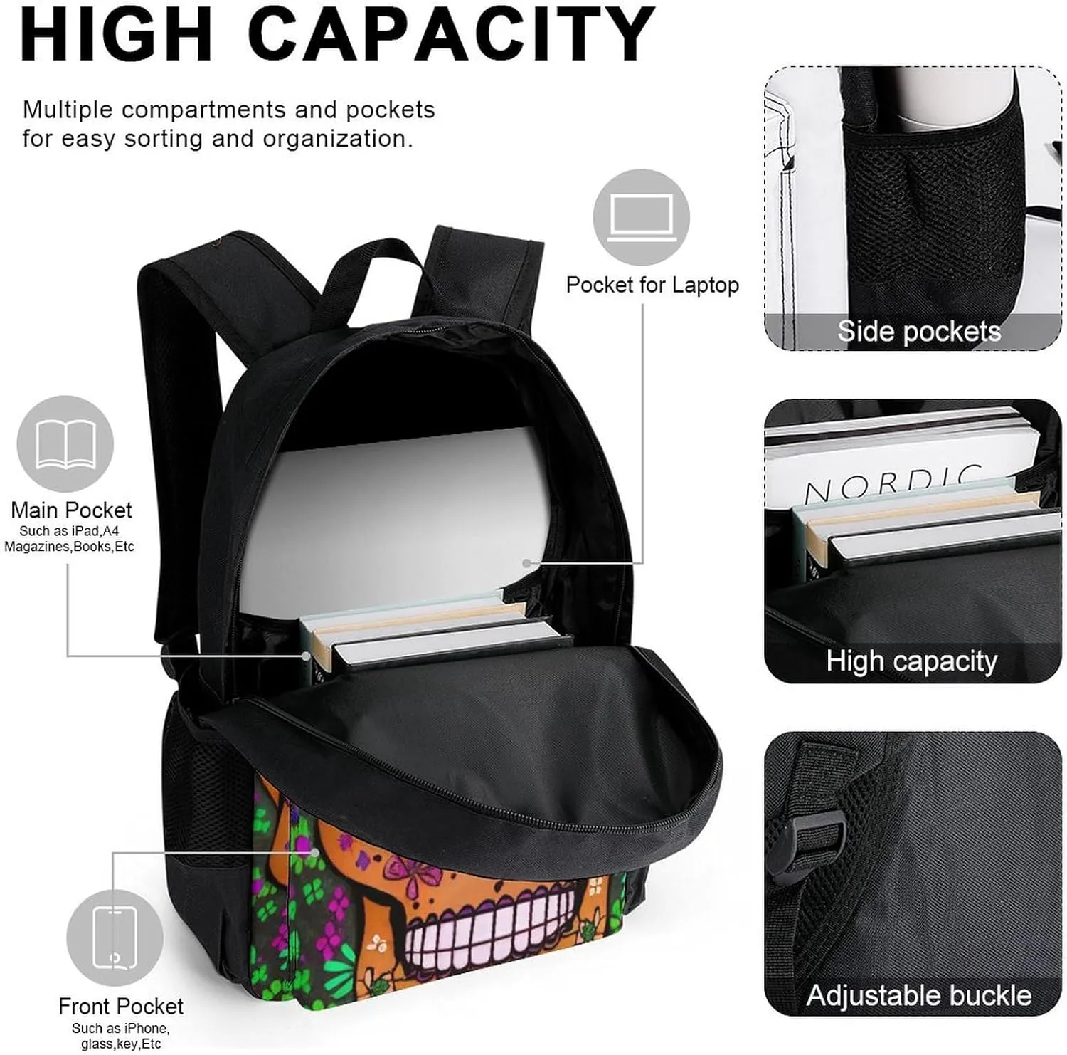 Adults Backpack Sets - Grunge Mexican Sugar Skulls Day Of The Dead Flowers Art Shoulder Book Travel Hiking Daypack, 3 Piece Daypack Sets Shoulder Bag   Lunch Bag   Pencil Bag