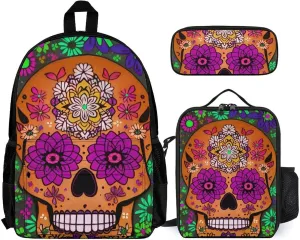 Adults Backpack Sets - Grunge Mexican Sugar Skulls Day Of The Dead Flowers Art Shoulder Book Travel Hiking Daypack, 3 Piece Daypack Sets Shoulder Bag   Lunch Bag   Pencil Bag