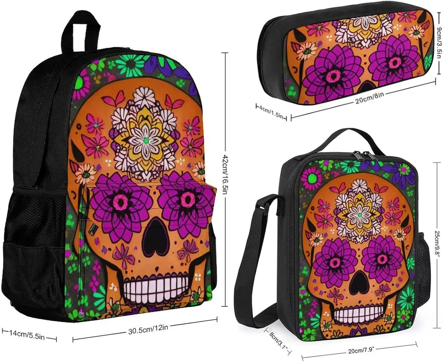 Adults Backpack Sets - Grunge Mexican Sugar Skulls Day Of The Dead Flowers Art Shoulder Book Travel Hiking Daypack, 3 Piece Daypack Sets Shoulder Bag   Lunch Bag   Pencil Bag