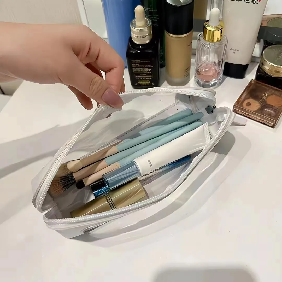 Aesthetic Clear Makeup Bags, Travel Cosmetic Zipper Pouch for Women, Transparent Makeup Organizer Storage Case for Make Up Brushes, Clear Travel Toiletry Bags for Girls in Portable Size (Gold)