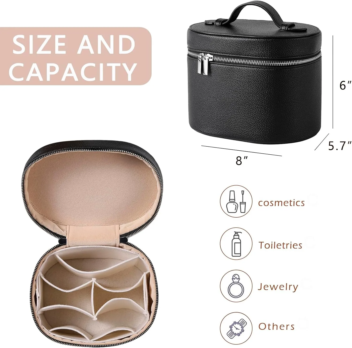 Aesthetic Makeup Bag, Travel Makeup Vanity Case with Divider and Handle, Waterproof PU Leather Cosmetic Organizer Bag, Portable Toiletry Bag for Women(03Black)
