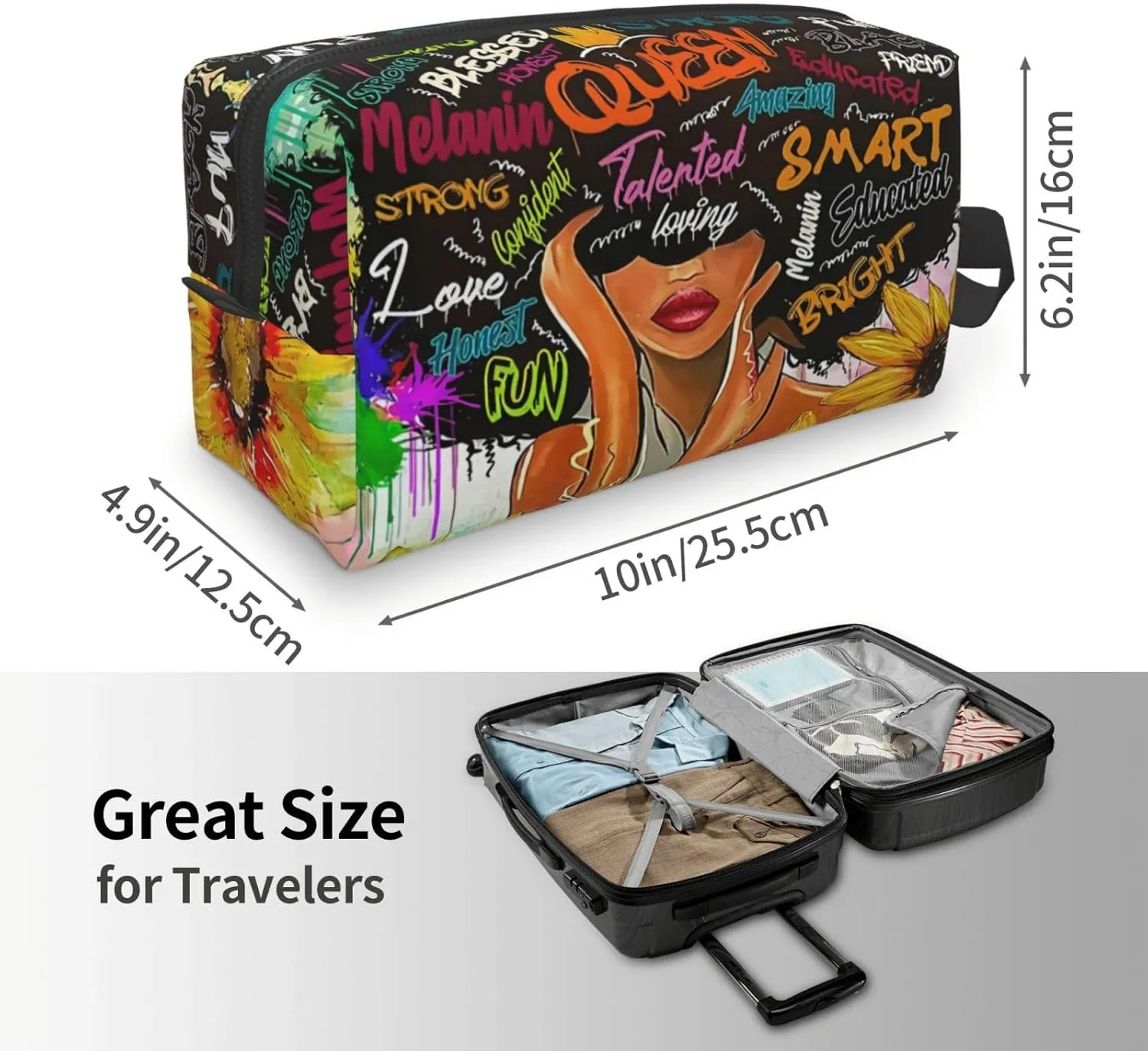 African American Woman Makeup Bag Waterproof Cosmetic Bag Large Travel Toiletry Bag for Girls Women