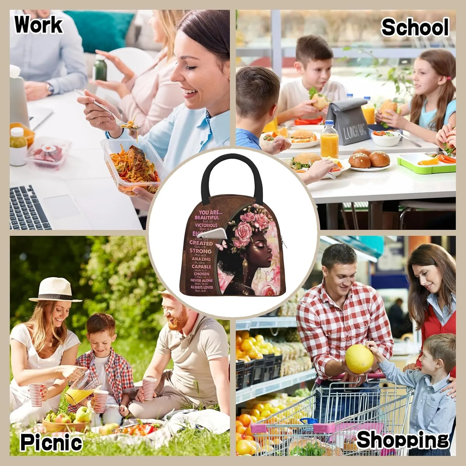 African American Women Lunch Bag Reusable American Afro Woman Lunch Bag Leakproof Insulated Lunch Box Cooler Tote Bag Food Container Snack Bag For Men Women Work Travel Picnic black women gifts