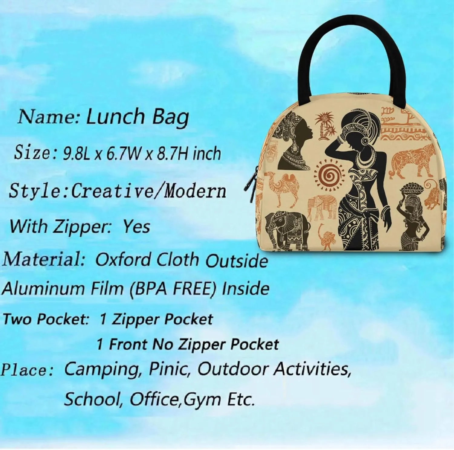 African Woman Animals Set Reusable Lunch Tote Bag with Front Pocket Zipper Closure Insulated Thermal Cooler Container Bag Work Picnic Travel Beach Fishing