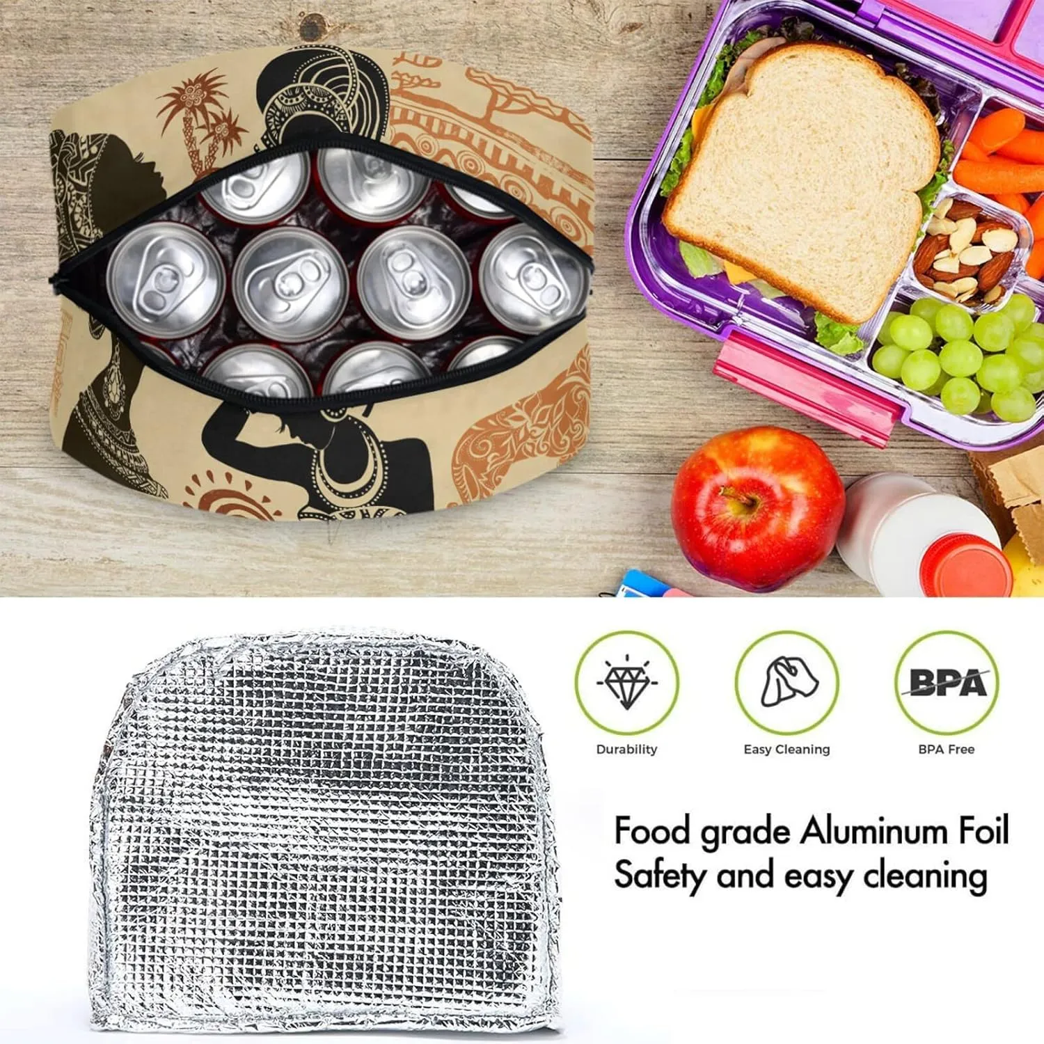 African Woman Animals Set Reusable Lunch Tote Bag with Front Pocket Zipper Closure Insulated Thermal Cooler Container Bag Work Picnic Travel Beach Fishing