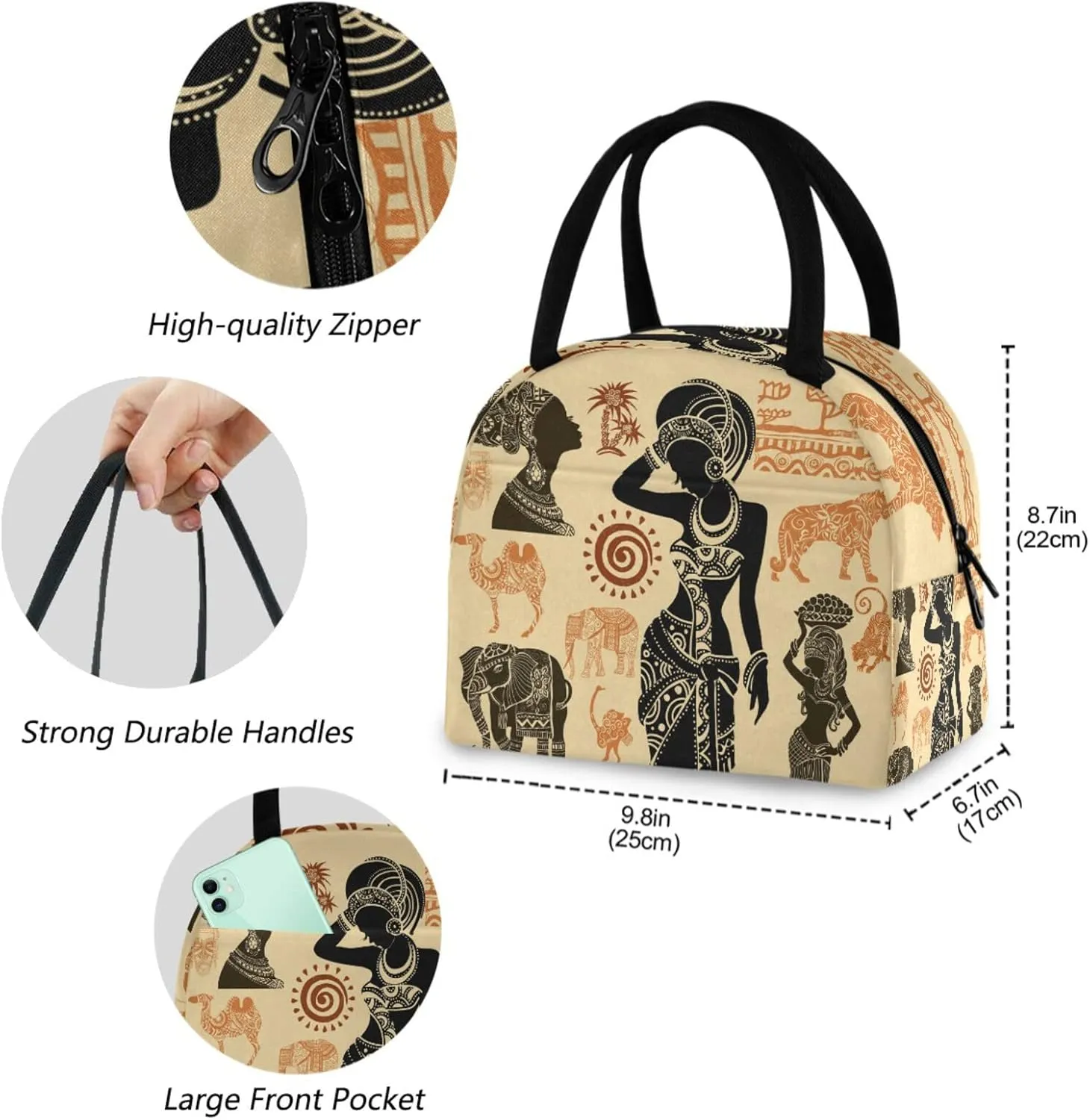African Woman Animals Set Reusable Lunch Tote Bag with Front Pocket Zipper Closure Insulated Thermal Cooler Container Bag Work Picnic Travel Beach Fishing