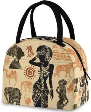 African Woman Animals Set Reusable Lunch Tote Bag with Front Pocket Zipper Closure Insulated Thermal Cooler Container Bag Work Picnic Travel Beach Fishing