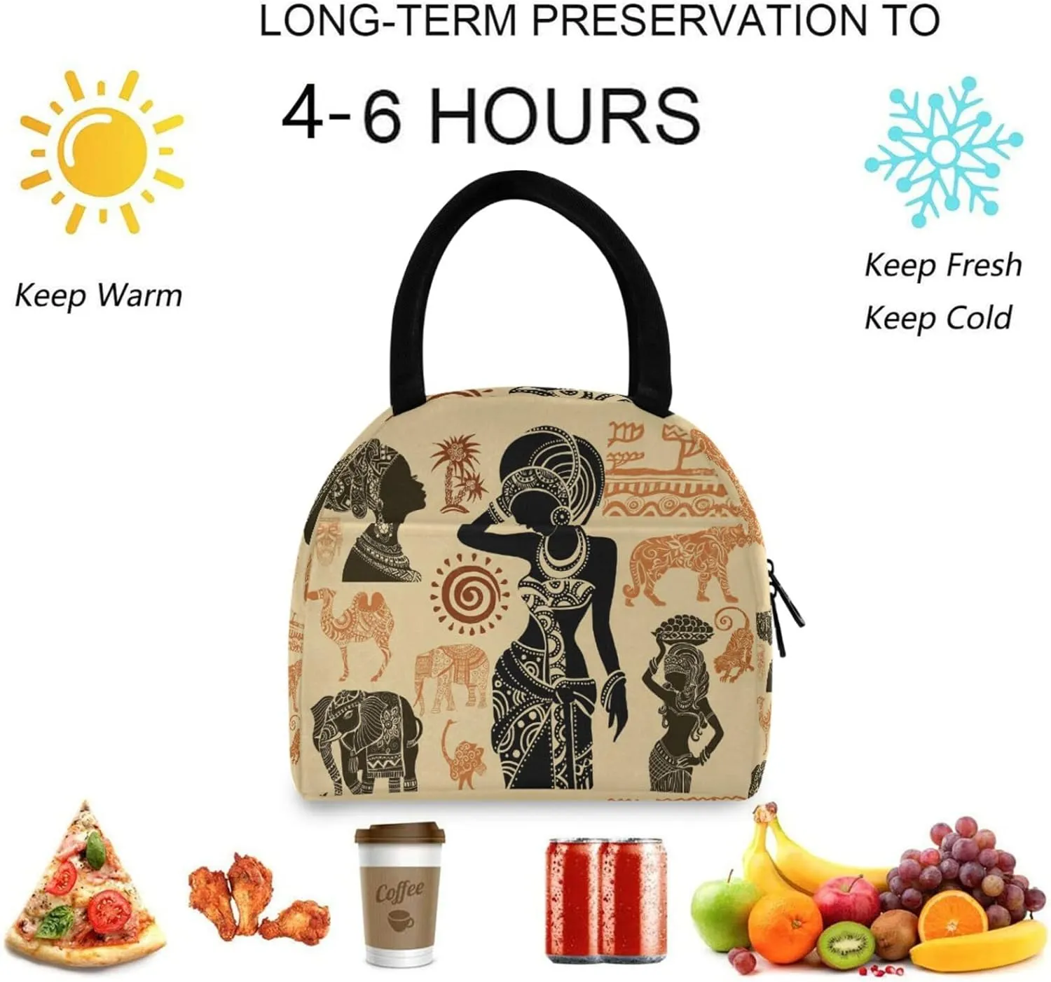 African Woman Animals Set Reusable Lunch Tote Bag with Front Pocket Zipper Closure Insulated Thermal Cooler Container Bag Work Picnic Travel Beach Fishing