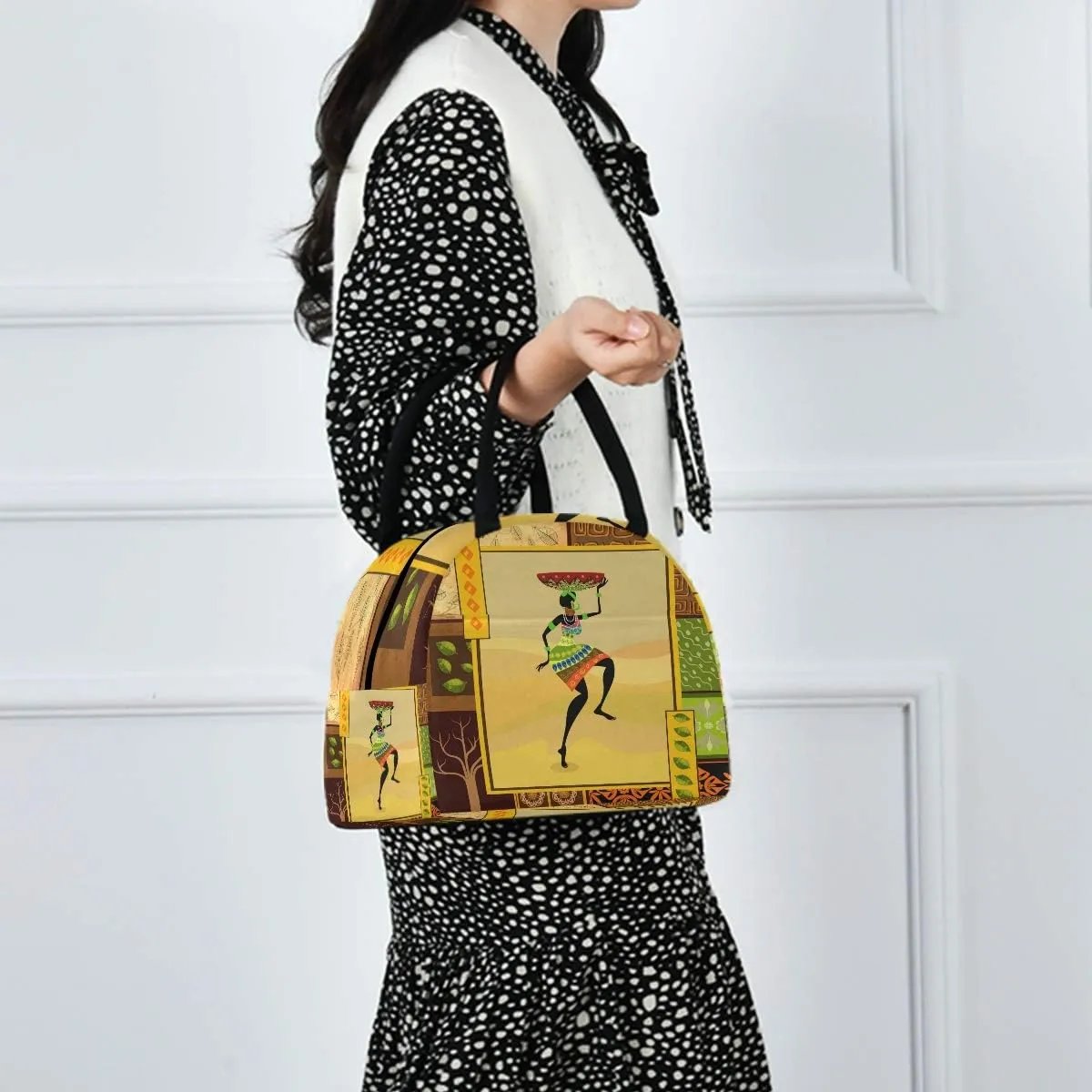 African Woman Reusable Lunch Tote Bag with Front Pocket Zipper Closure Insulated Thermal Cooler Container Bag Work Picnic Travel Beach Fishing