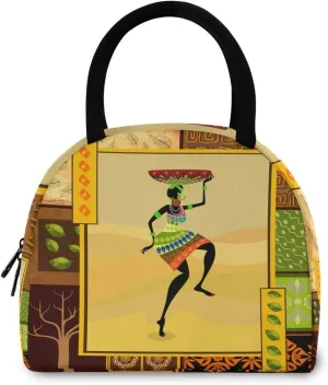 African Woman Reusable Lunch Tote Bag with Front Pocket Zipper Closure Insulated Thermal Cooler Container Bag Work Picnic Travel Beach Fishing