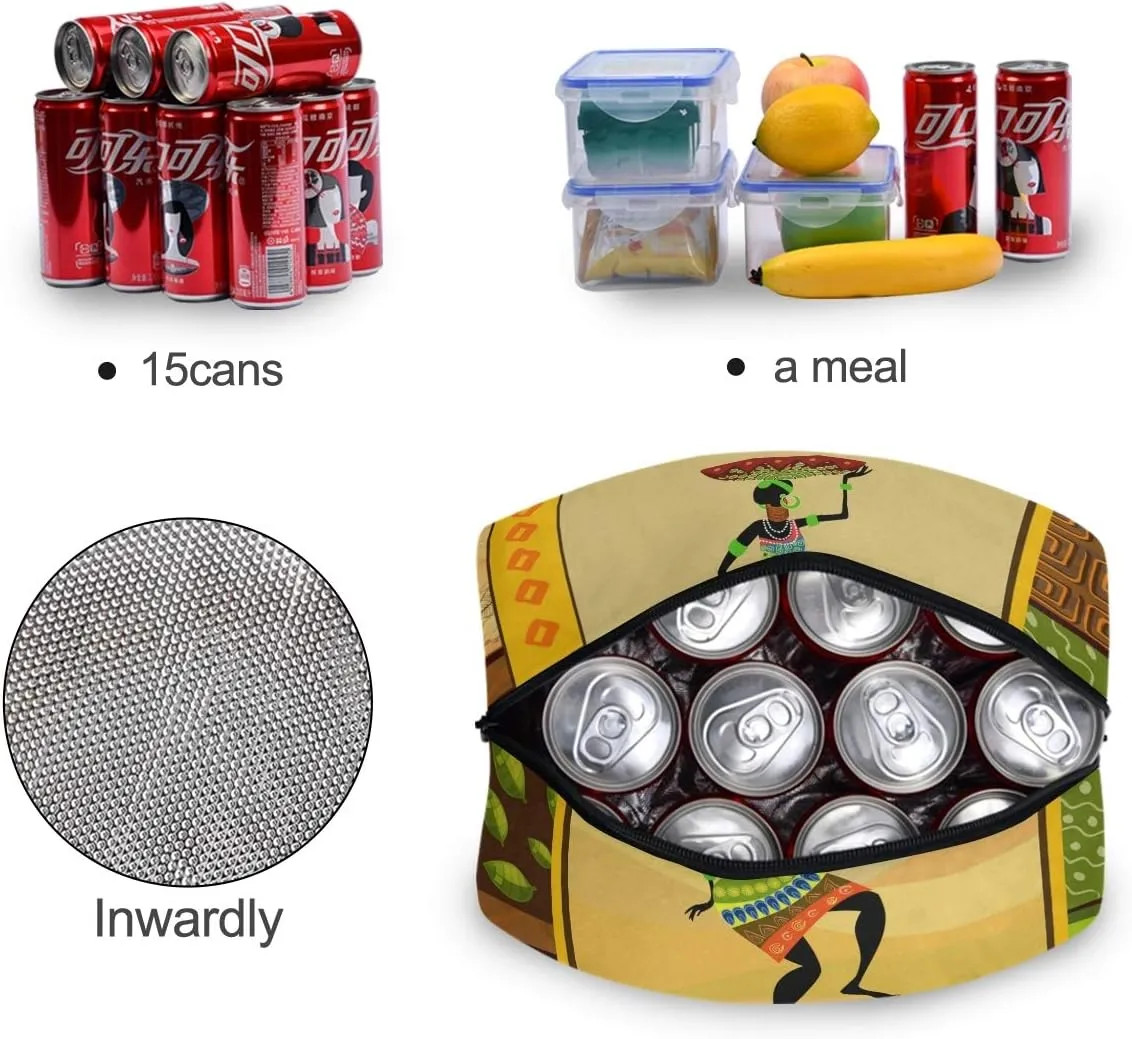 African Woman Reusable Lunch Tote Bag with Front Pocket Zipper Closure Insulated Thermal Cooler Container Bag Work Picnic Travel Beach Fishing
