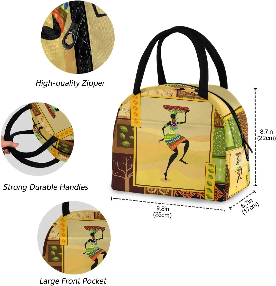 African Woman Reusable Lunch Tote Bag with Front Pocket Zipper Closure Insulated Thermal Cooler Container Bag Work Picnic Travel Beach Fishing