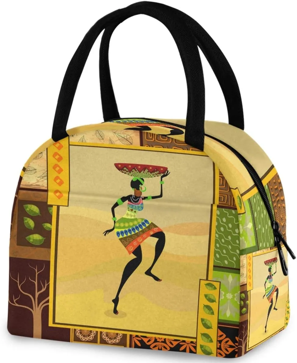 African Woman Reusable Lunch Tote Bag with Front Pocket Zipper Closure Insulated Thermal Cooler Container Bag Work Picnic Travel Beach Fishing