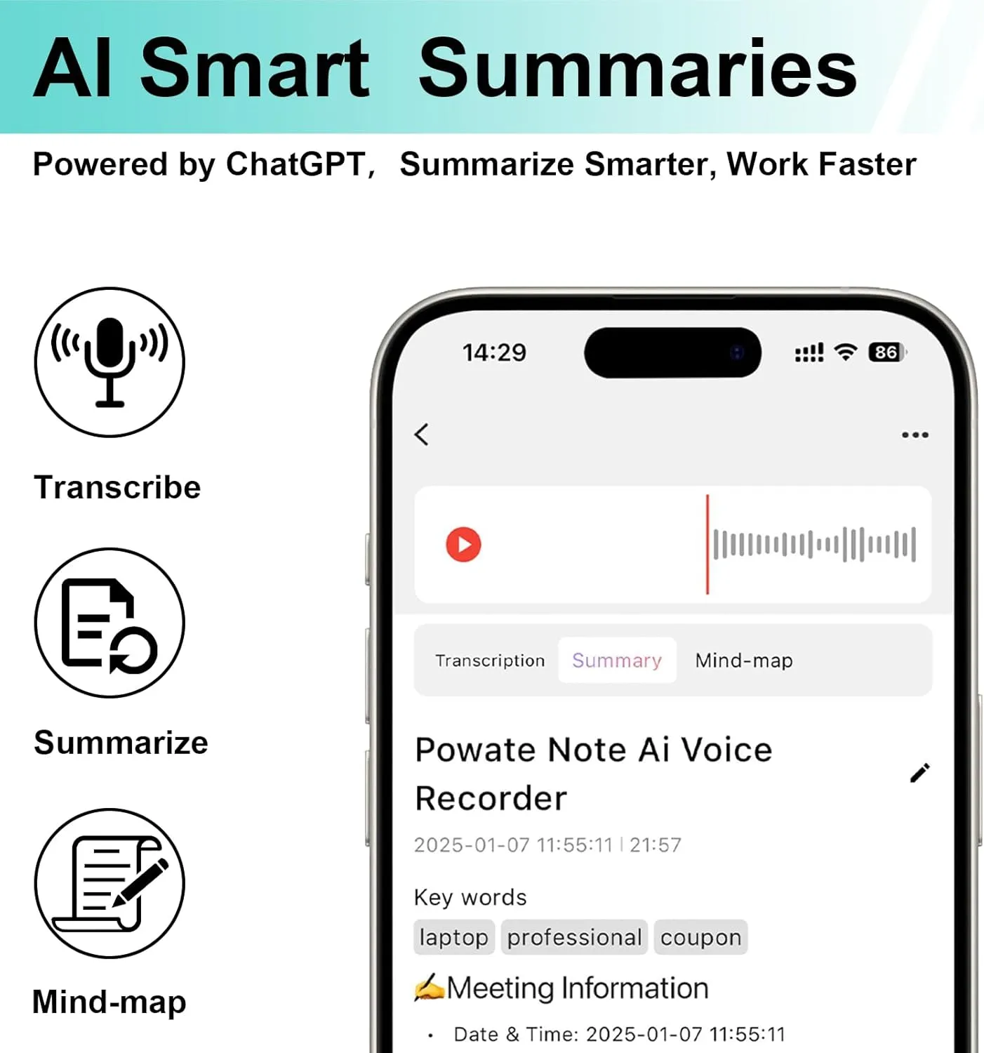 AI Voice Recorder, Transcribe & Summarize by ChatGPT, APP Control, Support 112 Languages, 30H Recording Time, 64GB Memory, Audio Recorder for Lectures, Meetings, Calls