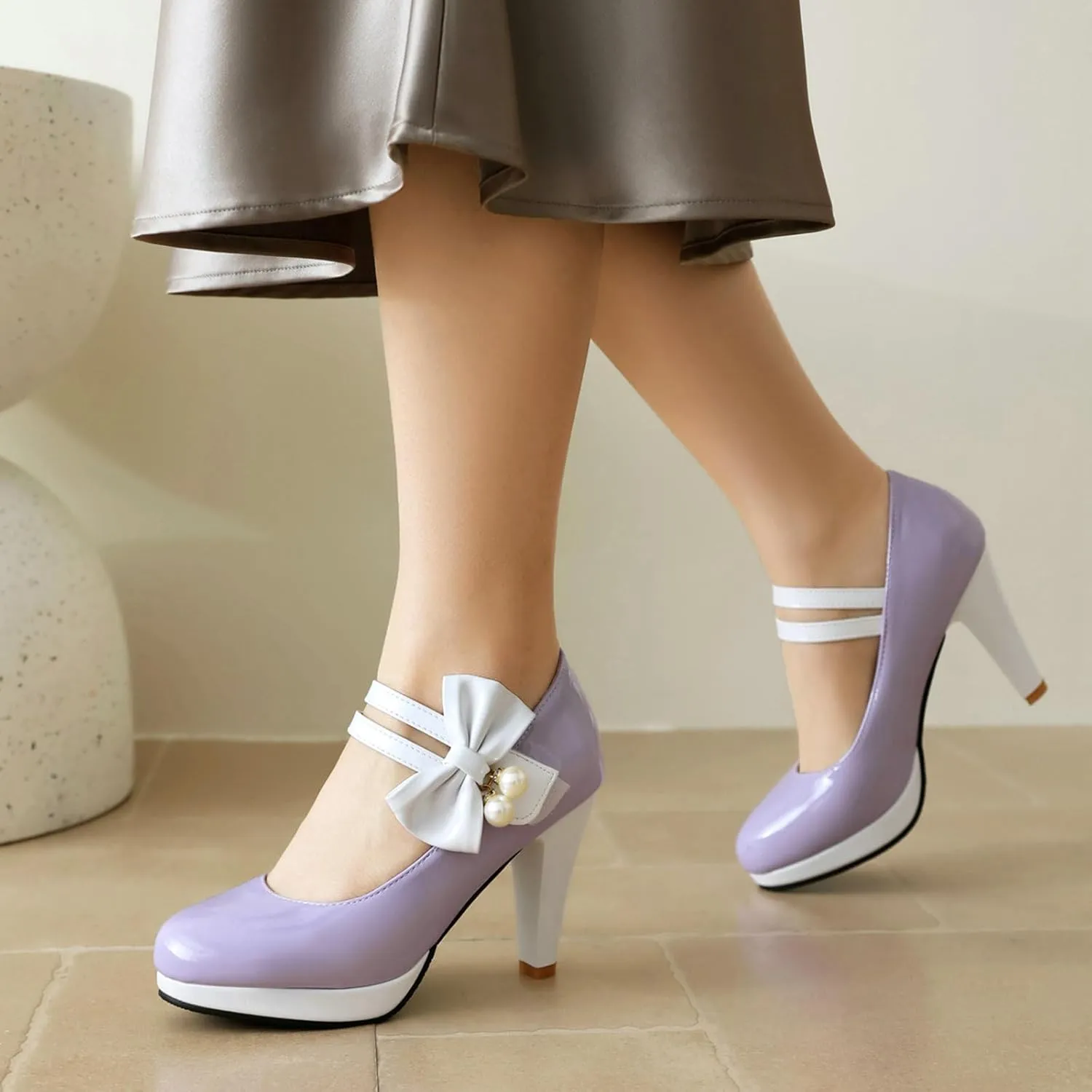 AIMODOR Mary Jane Shoes Women Block High Heel Round Toe Platform Sweet Bow Patent Leather Ankle Strap Dress Pumps Ladies