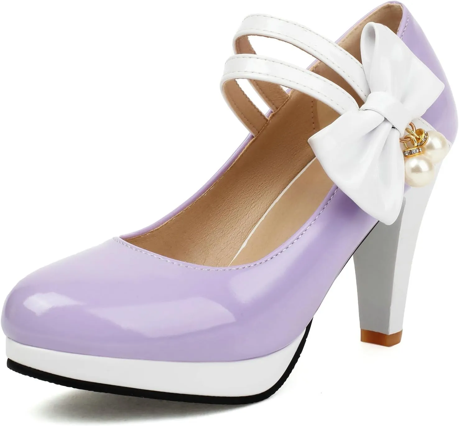 AIMODOR Mary Jane Shoes Women Block High Heel Round Toe Platform Sweet Bow Patent Leather Ankle Strap Dress Pumps Ladies