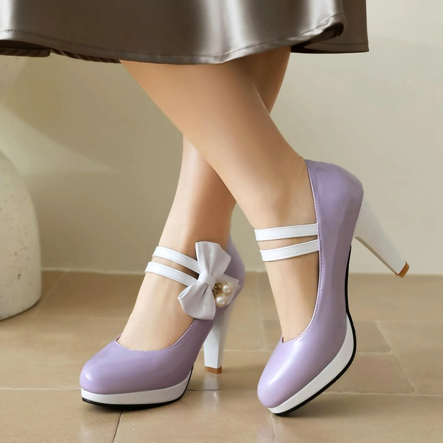 AIMODOR Mary Jane Shoes Women Block High Heel Round Toe Platform Sweet Bow Patent Leather Ankle Strap Dress Pumps Ladies
