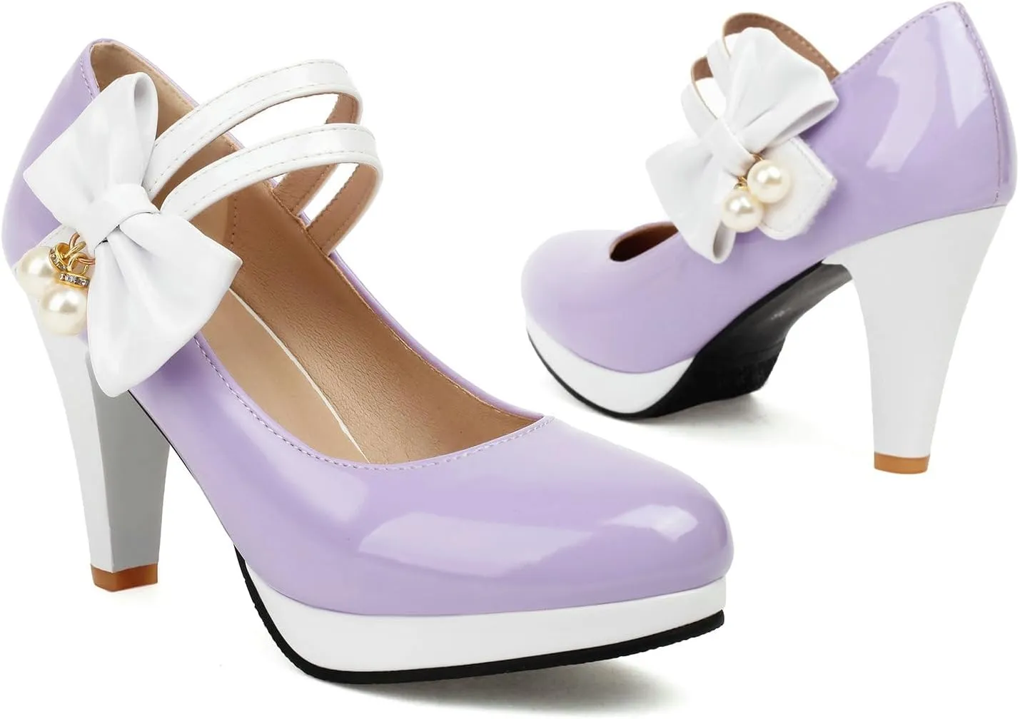 AIMODOR Mary Jane Shoes Women Block High Heel Round Toe Platform Sweet Bow Patent Leather Ankle Strap Dress Pumps Ladies