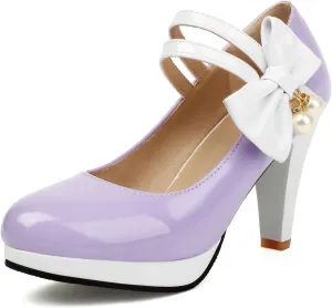 AIMODOR Mary Jane Shoes Women Block High Heel Round Toe Platform Sweet Bow Patent Leather Ankle Strap Dress Pumps Ladies