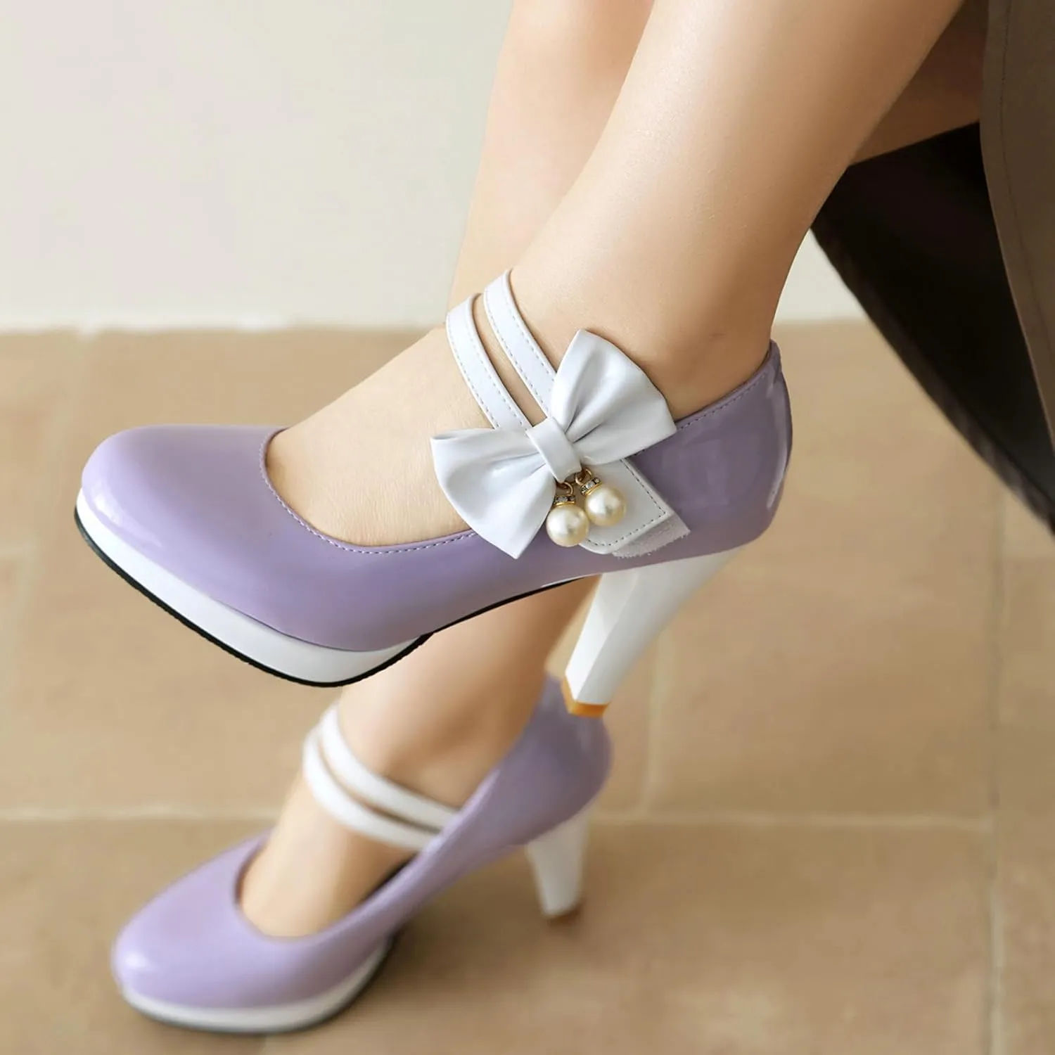 AIMODOR Mary Jane Shoes Women Block High Heel Round Toe Platform Sweet Bow Patent Leather Ankle Strap Dress Pumps Ladies
