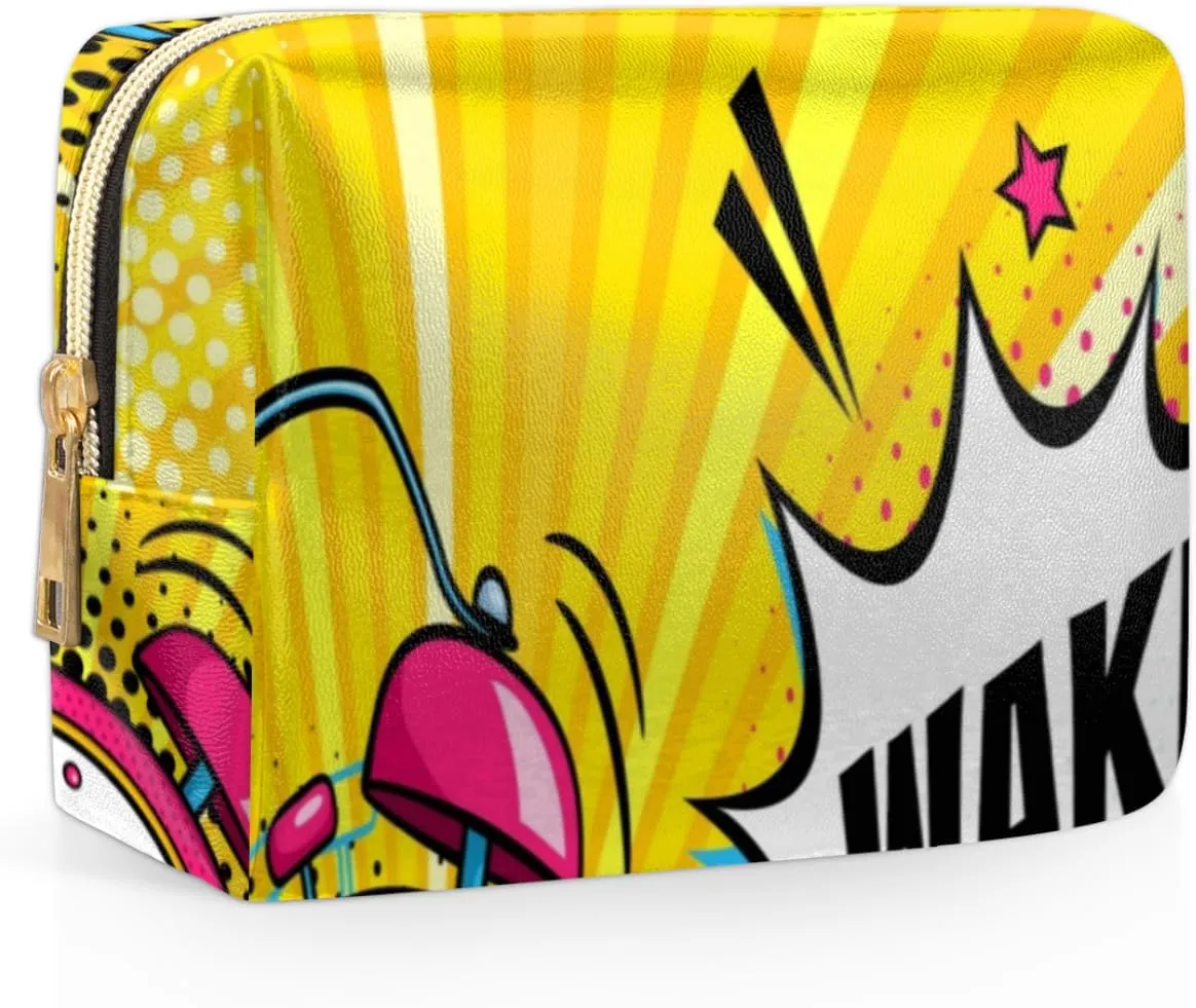Alarm Clock Travel Makeup Bag Cosmetic Bags for Women Durable Portable Leather Waterproof Small Makeup Bag with 4 Pock for Christmas Birthday Gifts