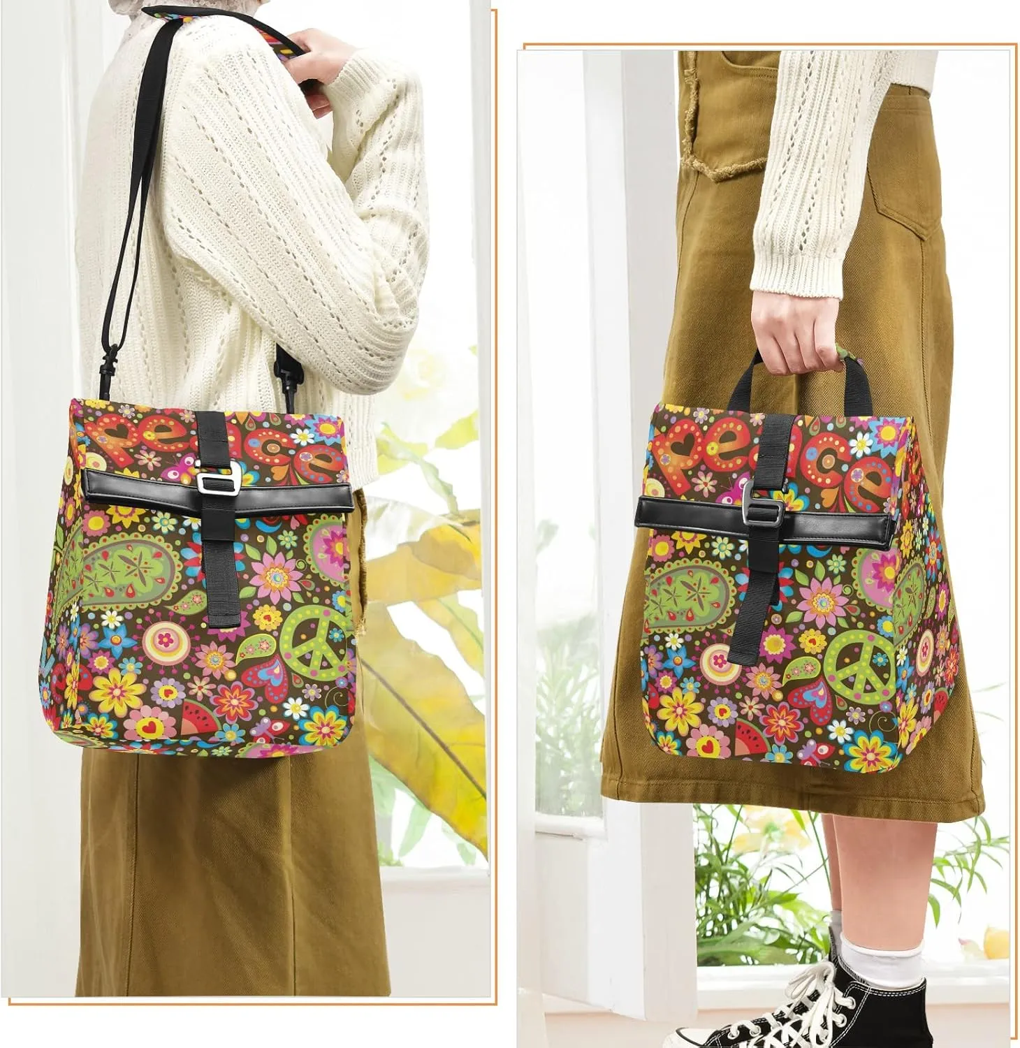 ALAZA Hippie Peace Symbol Paisley Floral Lunch Bag Women Insulated Cooler for Men Kids Roll Top Leak Proof Tote Cooling Purse