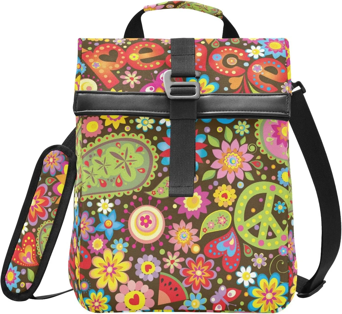 ALAZA Hippie Peace Symbol Paisley Floral Lunch Bag Women Insulated Cooler for Men Kids Roll Top Leak Proof Tote Cooling Purse