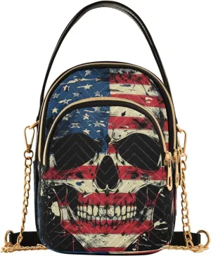 ALAZA Quilted Crossbody Bags for Women,Usa Flag Skull Black Women's Crossbody Handbags Small Travel Purses Phone Bag