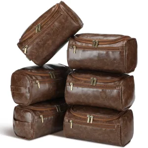 Aliceset 6 Pcs Groomsmen Gift Groomsmen Toiletry Bags Set of 6 Leather Toiletry Bag for Men with Hook Leather Wedding Proposal Bag with Side Handle Father Gift(Dark Brown)