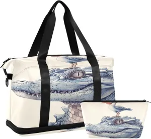 Alligator Head and Bird Real Style Travel Duffel Bag Waterproof Gym Sport Tote Bag Carry On Weekender Bag with Compartment