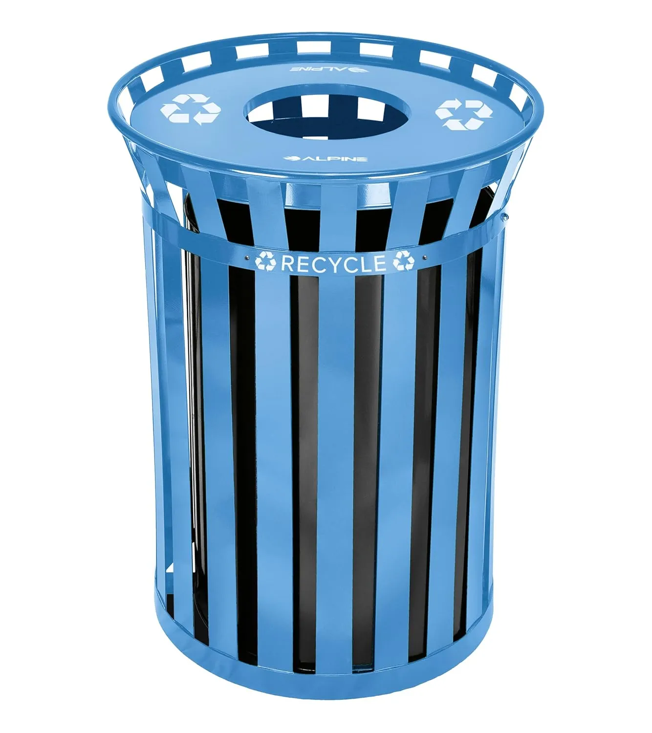 Alpine Commercial Outdoor Trash Can - 38 Gallon Heavy Duty Blue Recycle Garbage Can with Liner, Open Top Lid, All Weather Resistant Large Outside Trash Can for Parks, Parking, School
