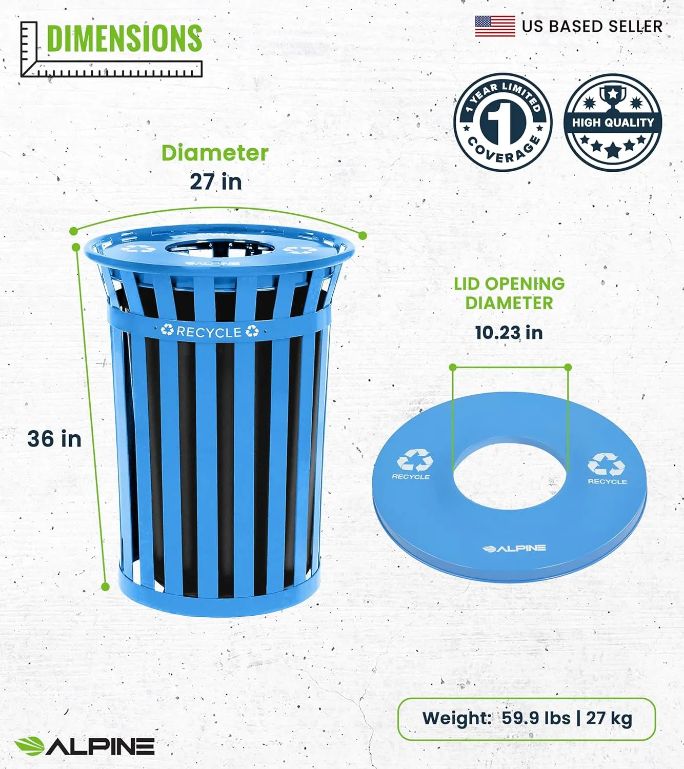 Alpine Commercial Outdoor Trash Can - 38 Gallon Heavy Duty Blue Recycle Garbage Can with Liner, Open Top Lid, All Weather Resistant Large Outside Trash Can for Parks, Parking, School