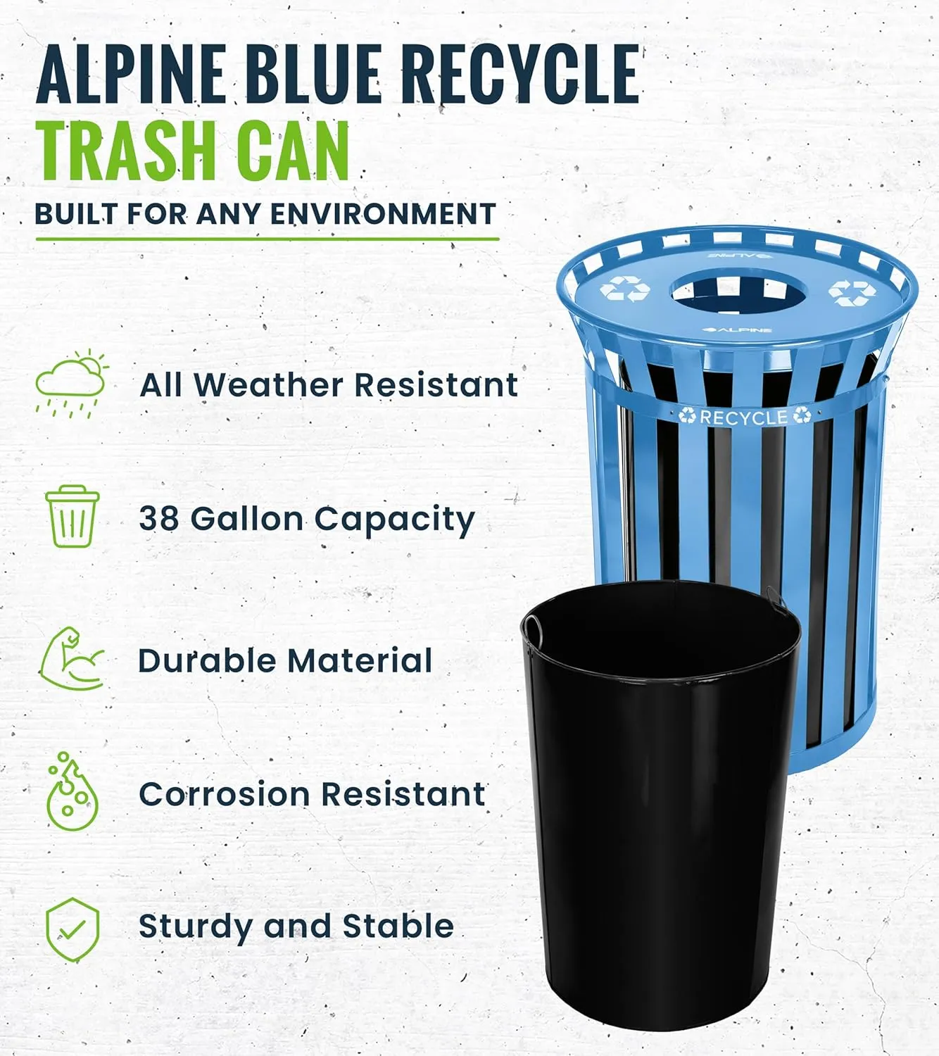 Alpine Commercial Outdoor Trash Can - 38 Gallon Heavy Duty Blue Recycle Garbage Can with Liner, Open Top Lid, All Weather Resistant Large Outside Trash Can for Parks, Parking, School