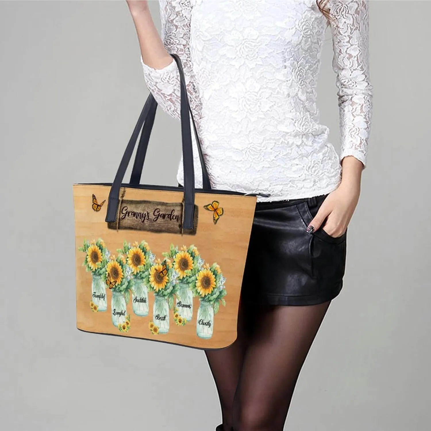 Amabery Personalized Grandma's Garden Birth Month Flowers Shoulder Bag Custom Mother's Day PU Leather Bag For Grandma Mom