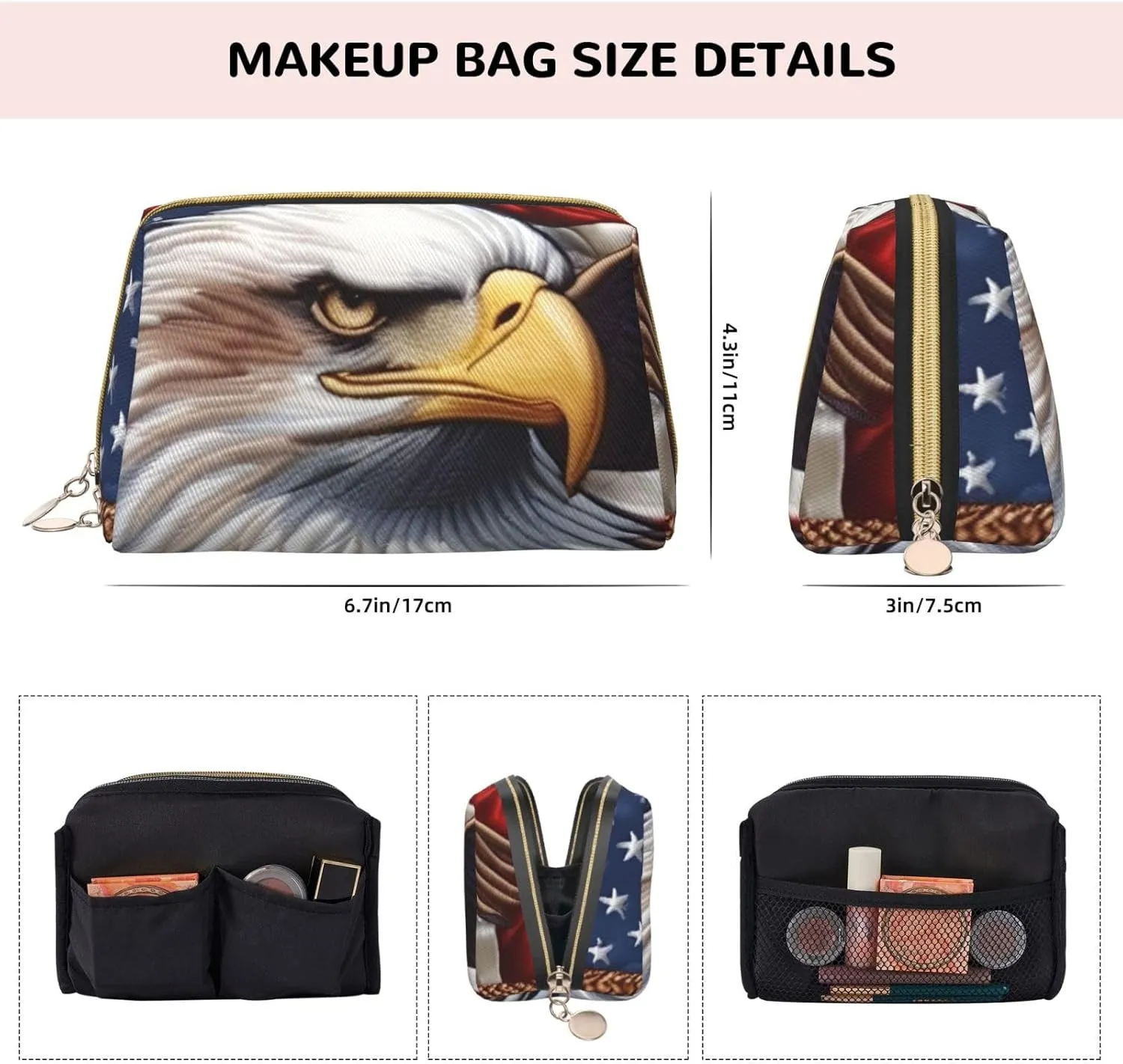 American Bald Eagle Toiletry Pouch, Travel-Friendly Makeup Organizer For Makeup Brushes, Lipsticks