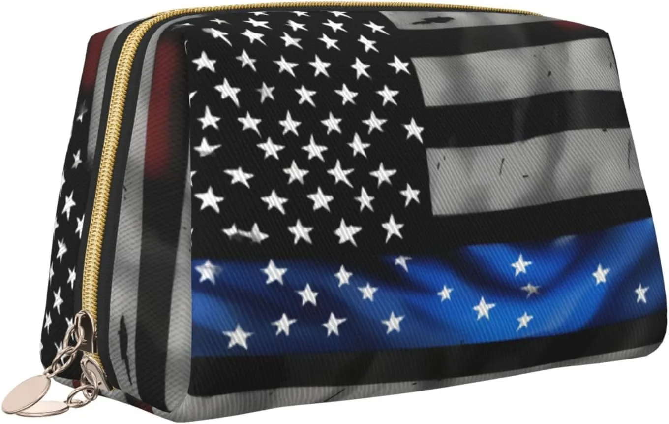 American Blue Line Flag Toiletry Pouch, Travel-Friendly Makeup Organizer For Makeup Brushes, Lipsticks