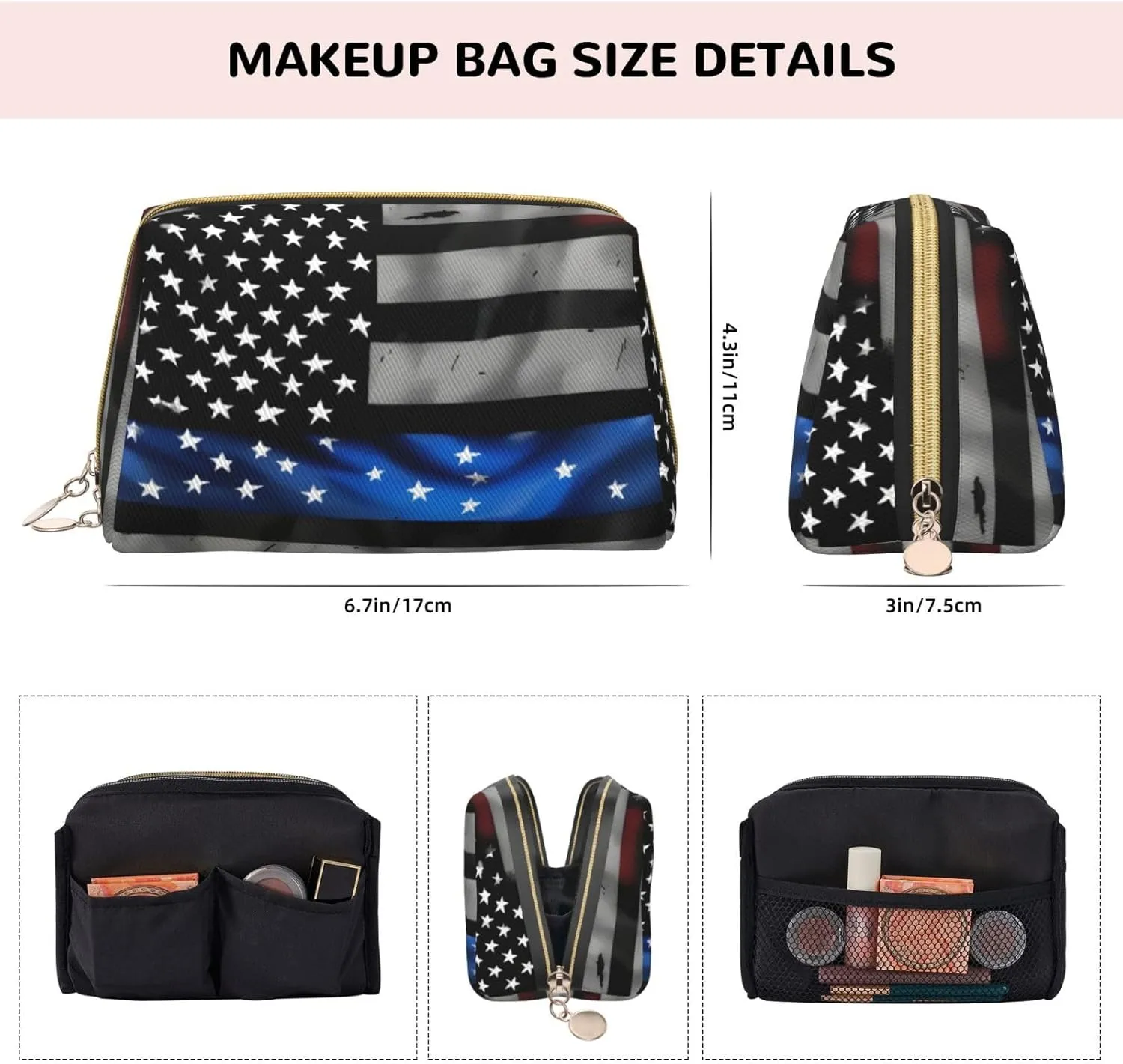 American Blue Line Flag Toiletry Pouch, Travel-Friendly Makeup Organizer For Makeup Brushes, Lipsticks