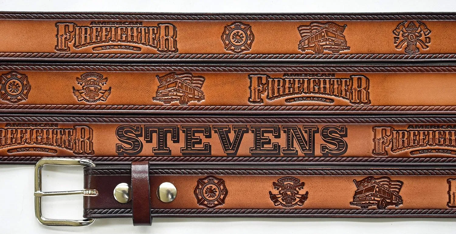 American Firefighter Brown Leather Name Belt