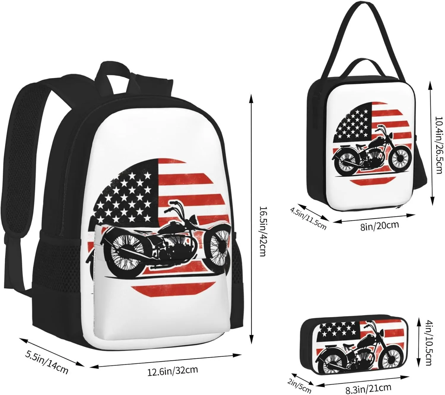 American Flag Motocross Dirt Bike Motorcycle Multifunctional Pocket Backpack Crossbody Lunch Bag Pencil Case 3Pcs Set Large Capacity Backpack